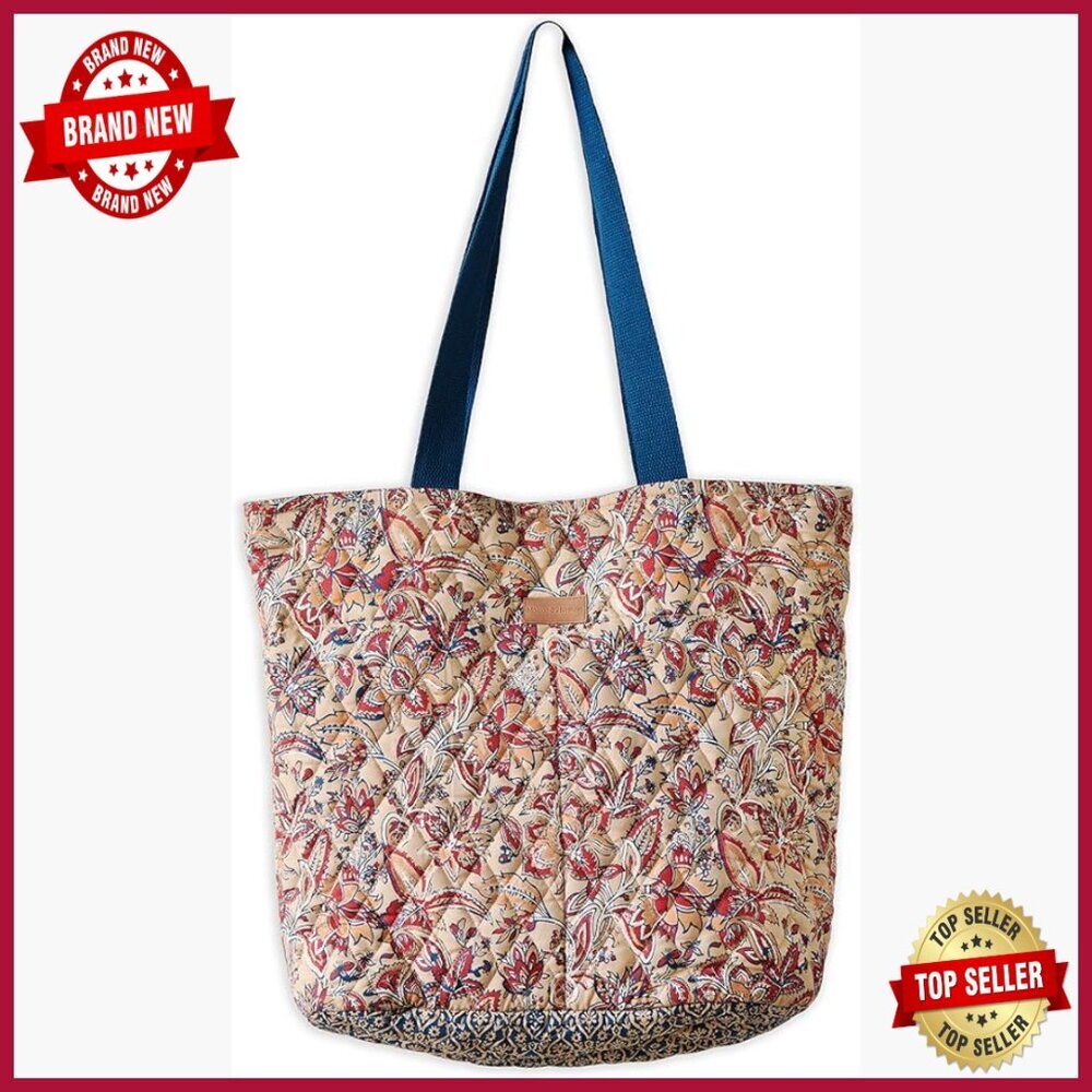Cotton Quilted Tote Bag with Zipper Pockets and Removable Pouch